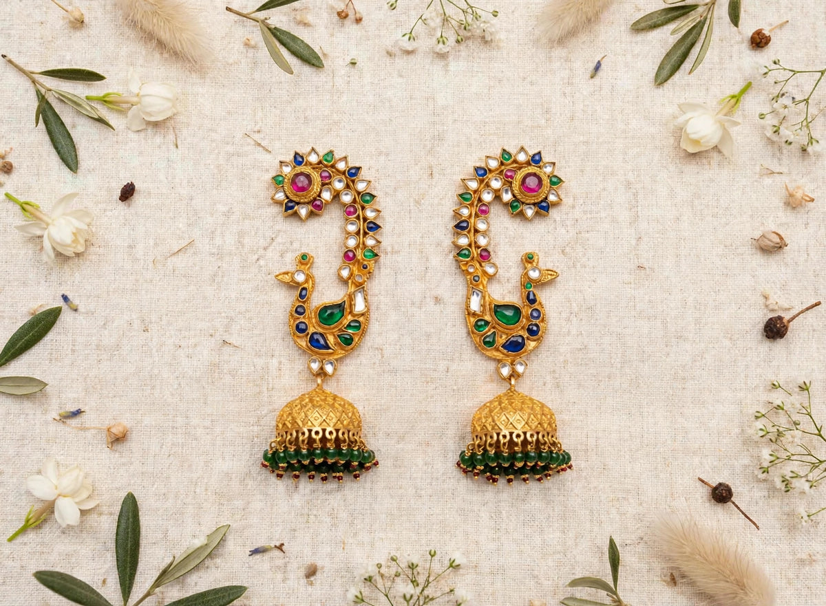 Royal Kundan Ear Cuff Earrings with Dangler Jumkhi, Luxury Indian Bridal Jewelry