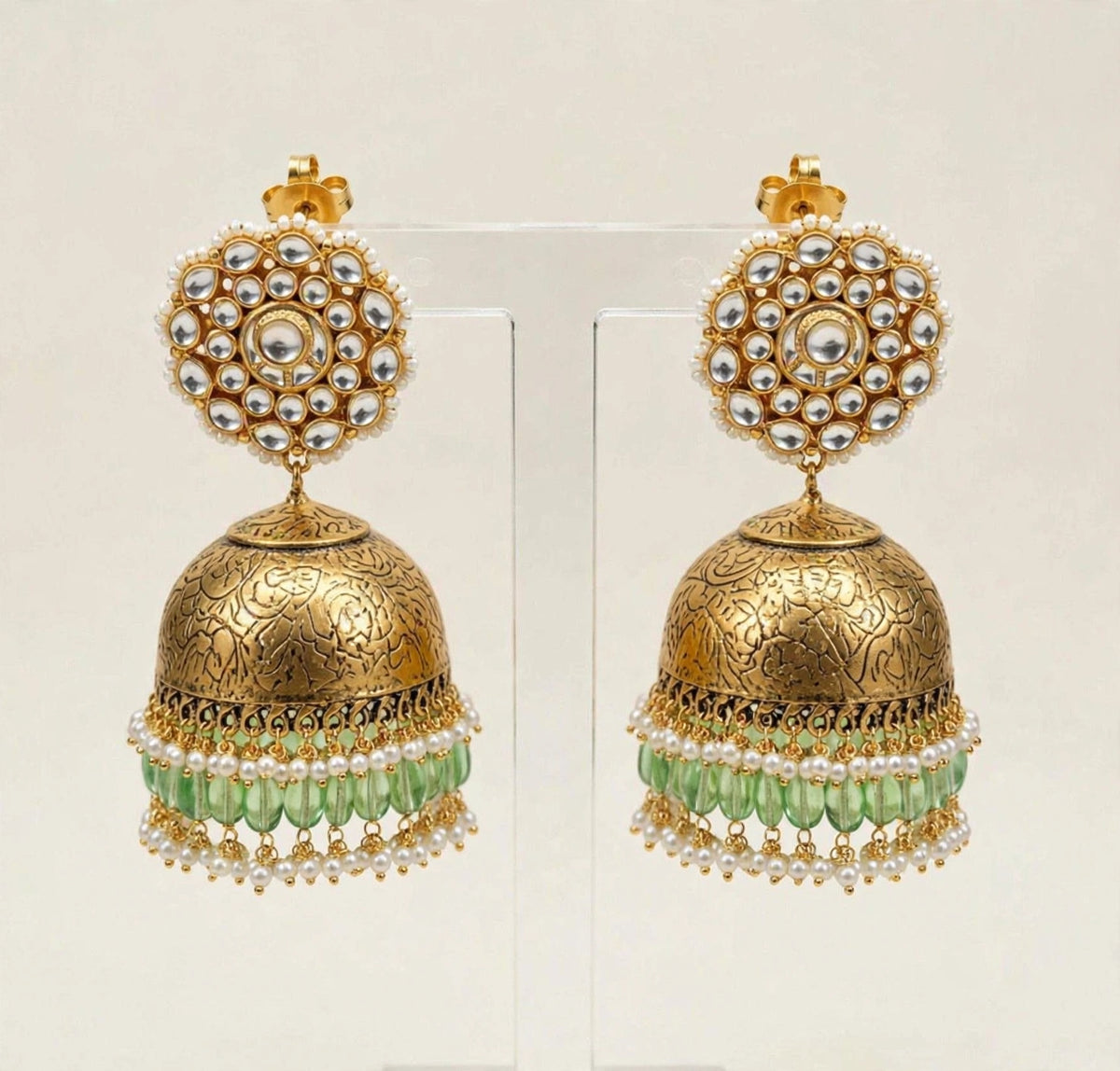 Kundan Jumkhi Earrings, Antique Gold, Indian Wedding Jewelry