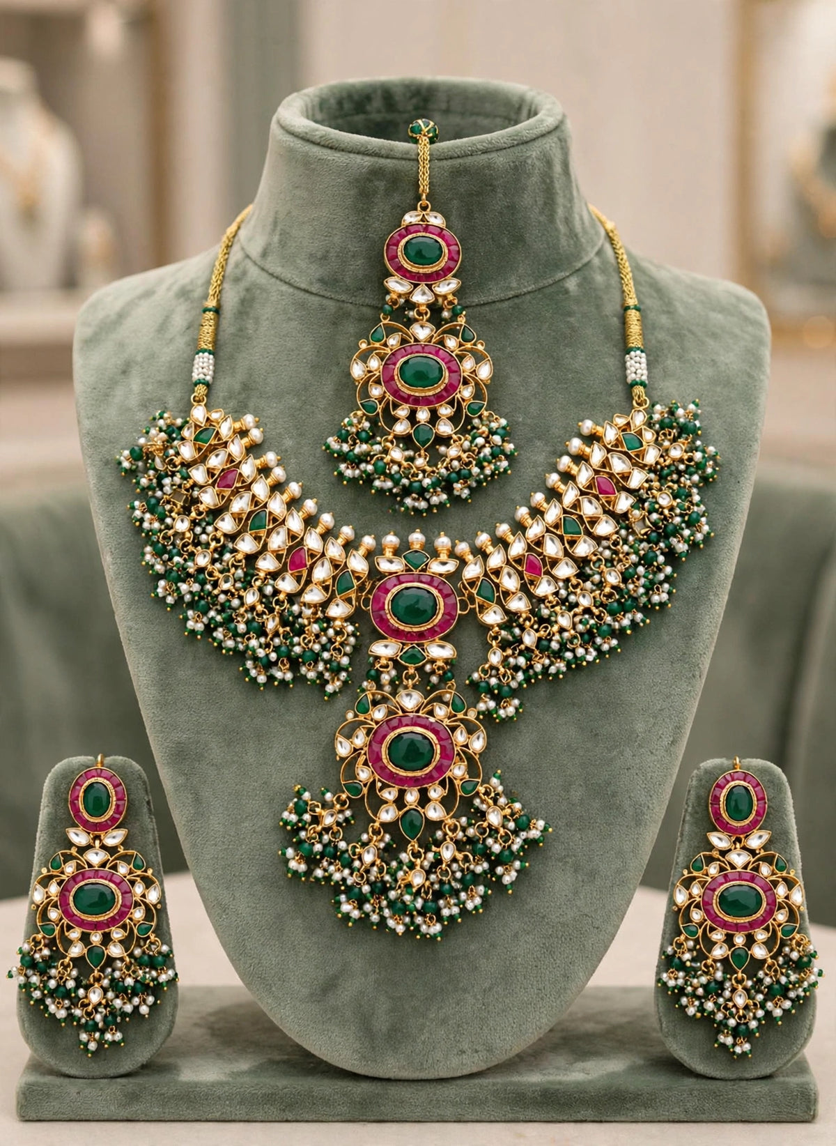 Kundan Choker Necklace Set with Earrings & Maang Tikka | Green Stone Indian Wedding Jewelry