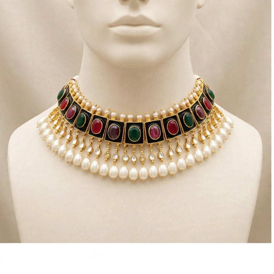 Black Enamelled Designer Kundan Jewellery Set, Statement Choker Necklace with Earrings