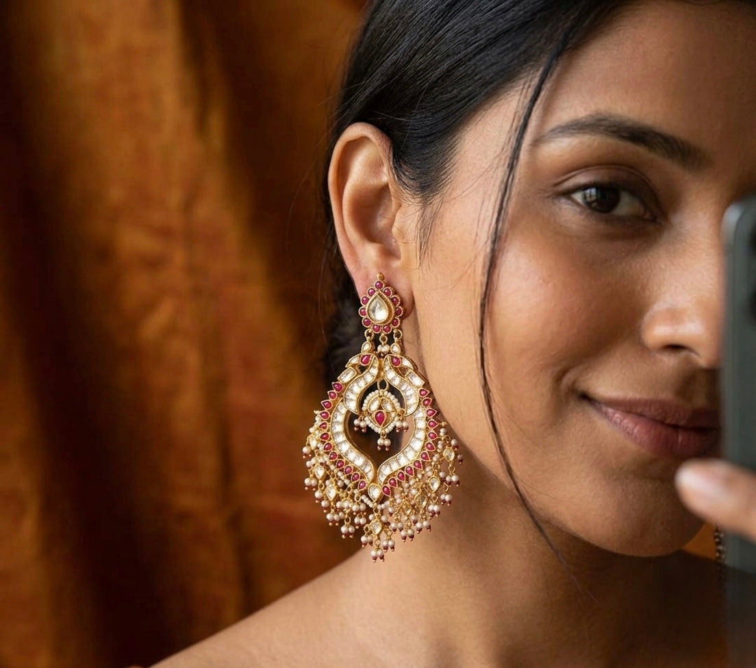 Kundan Chandbali Earrings, Indian Bridal Jewelry, Handmade Statement Earrings