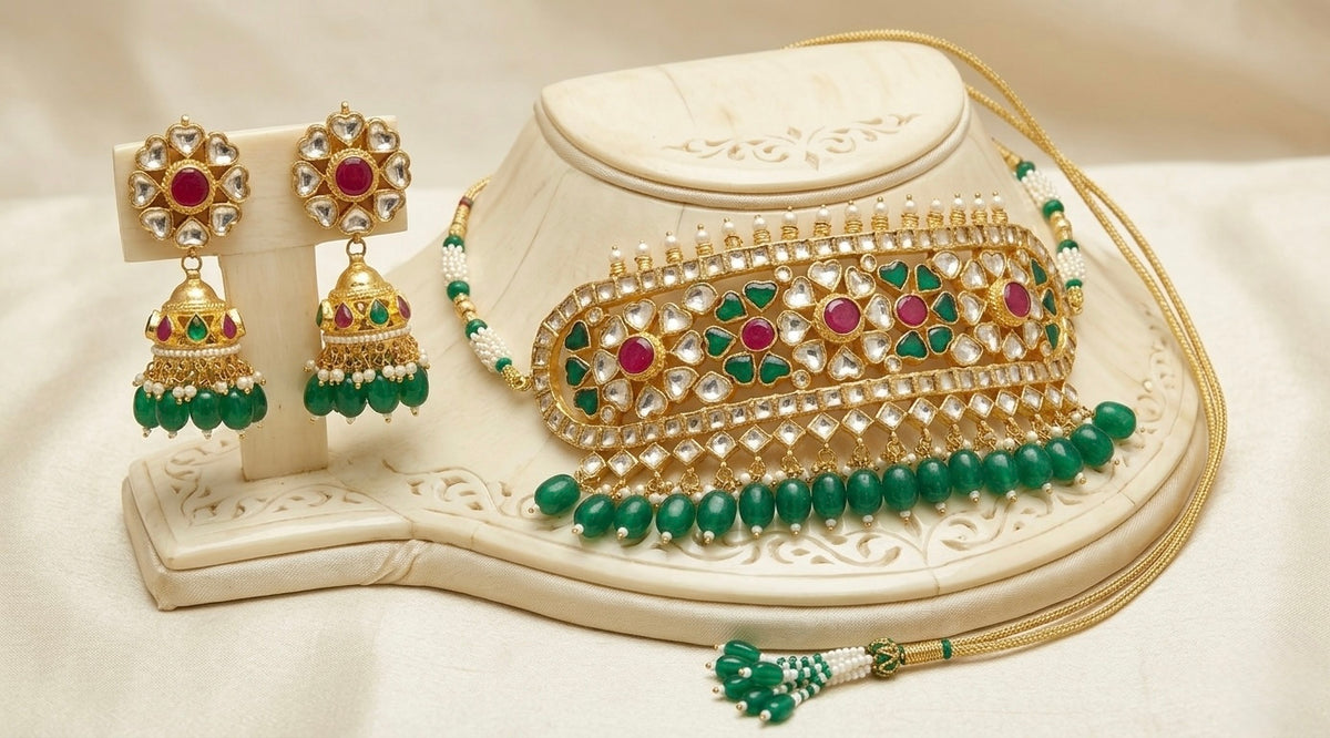 Indian Traditional Kundan Choker Set, 22K Gold Plated Indian Bridal Collar Necklace