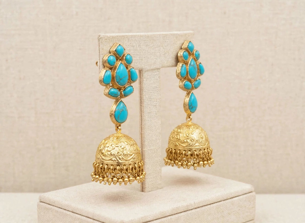 Handmade Turquoise Kundan Earrings Jhumkhi | Gold Plated Ethnic Jewelry