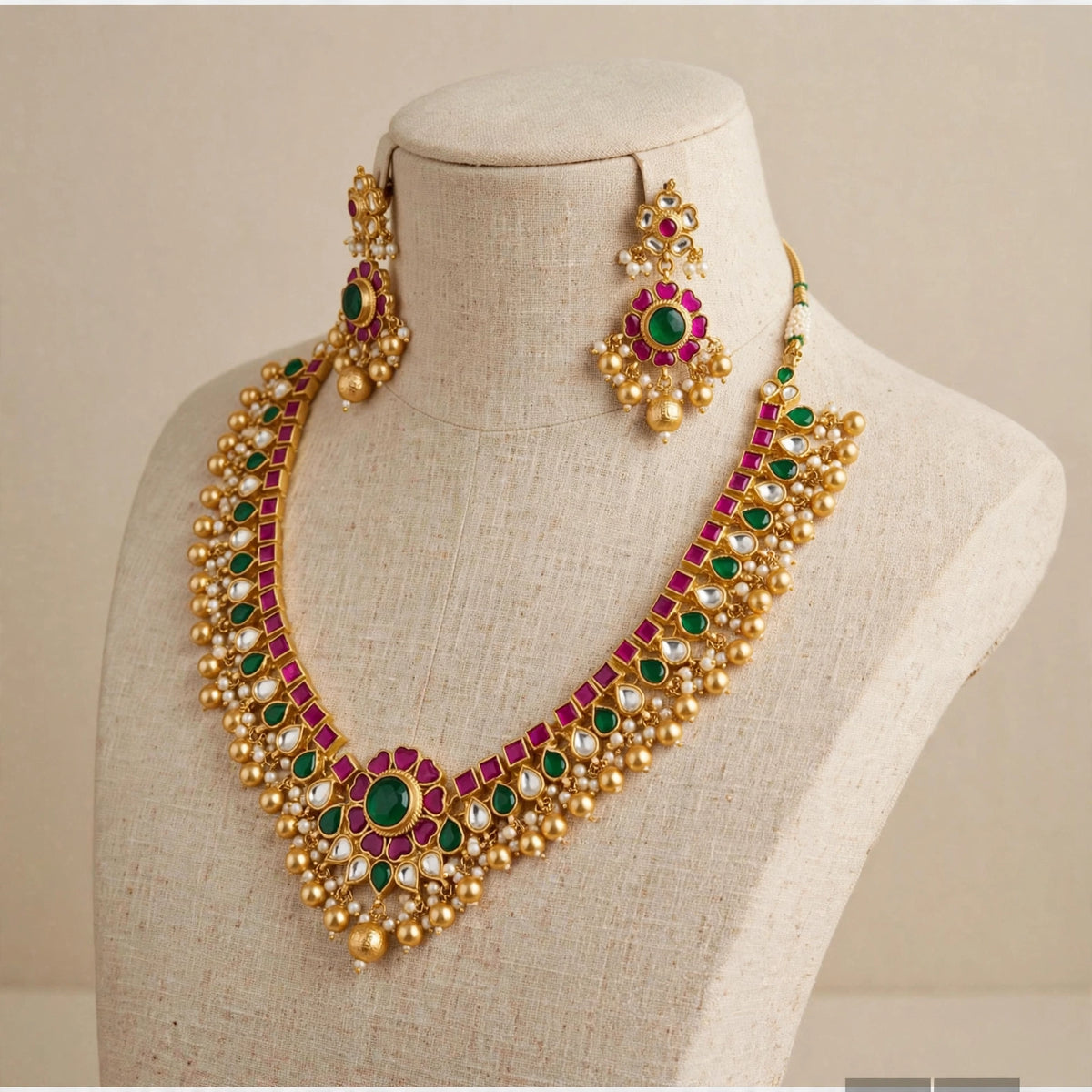 Indian Traditional Kundan Jewellery set, South Indian Necklace with Earrings