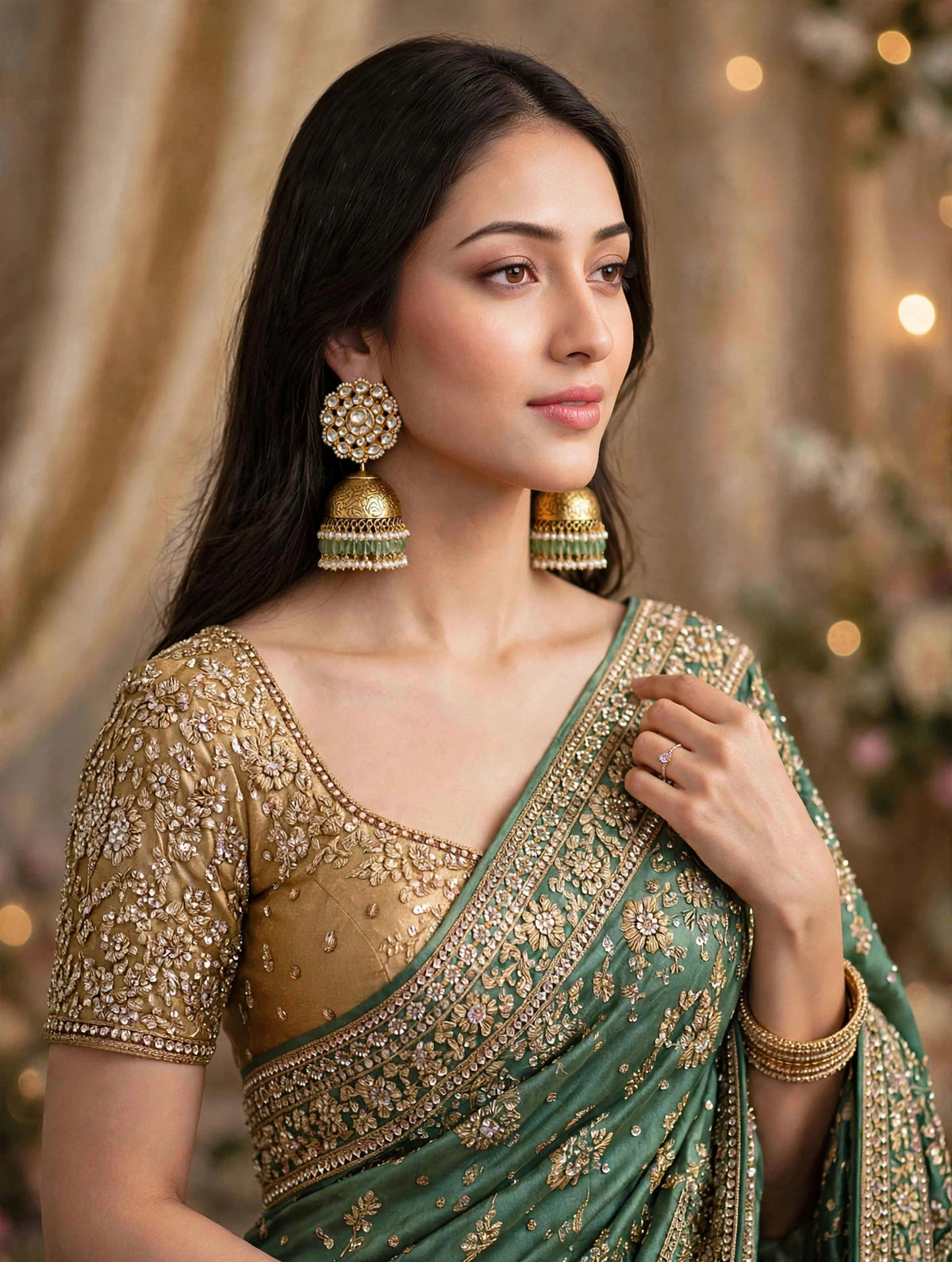 Kundan Jumkhi Earrings, Antique Gold, Indian Wedding Jewelry