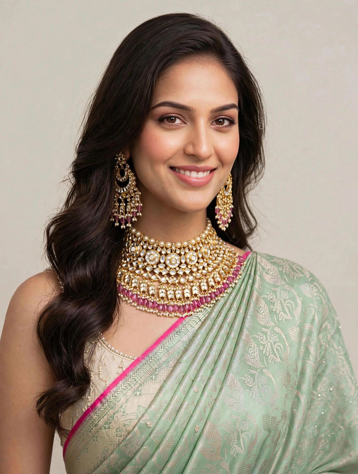 Handmade Kundan Choker Necklace and Earrings, Indian Bridal Jewelry Set