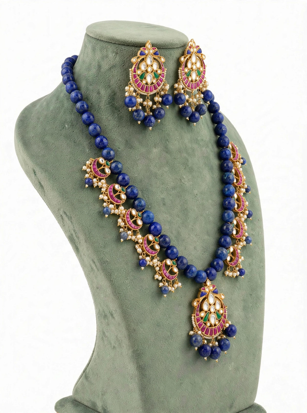 Handmade Kundan Jewelry Set | Blue Lapis with Chandbali Earrings | Gold Plated Designer Necklace