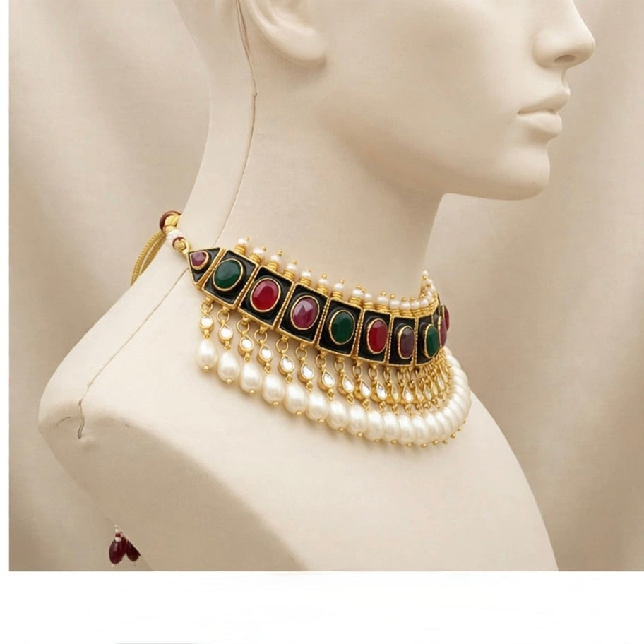 Black Enamelled Designer Kundan Jewellery Set, Statement Choker Necklace with Earrings