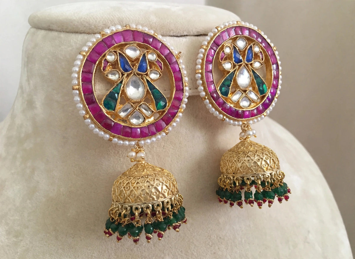 Handmade Kundan Jumkhi Earrings, Indian Peacock Jewelry, Gold Finish Earring