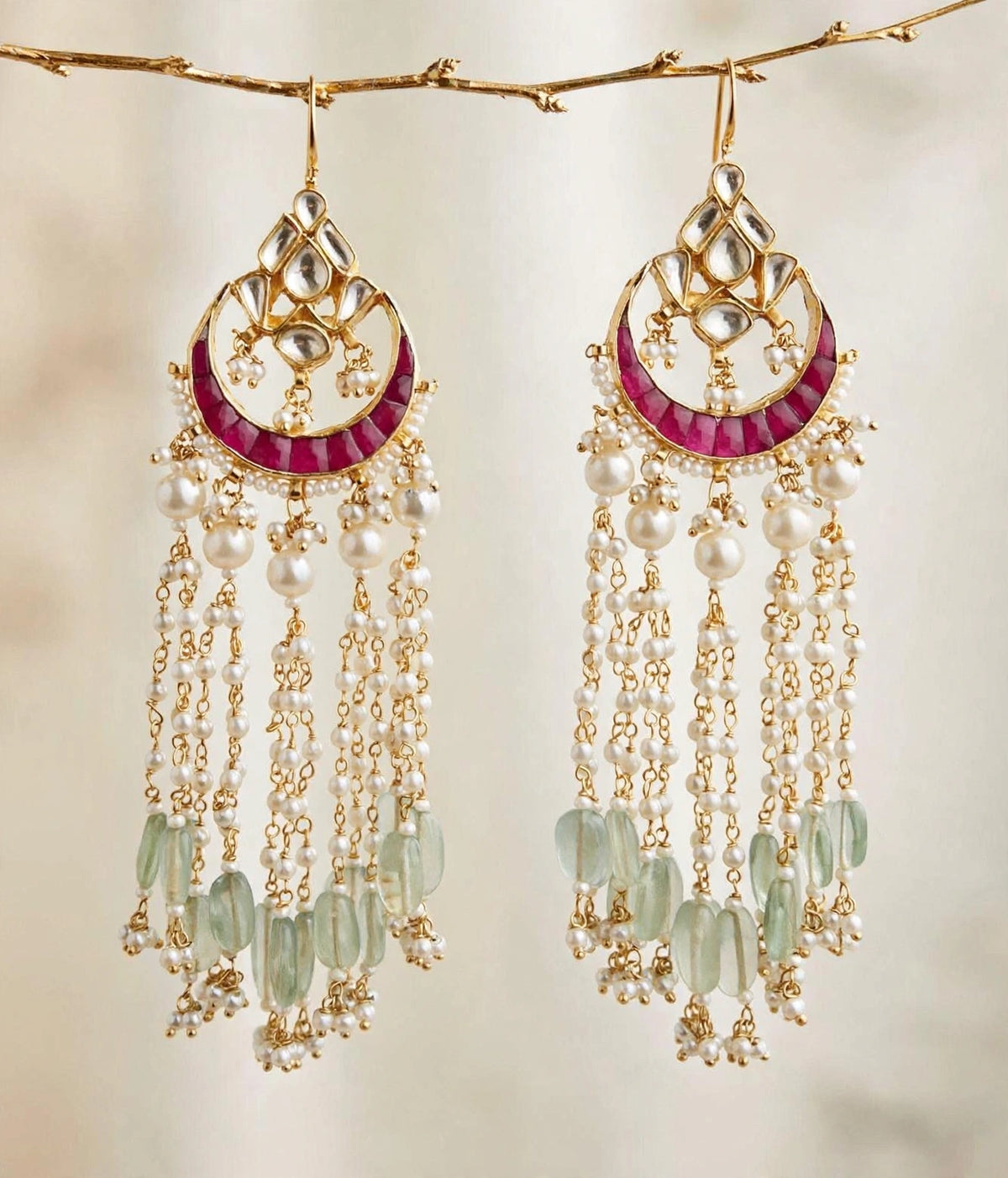 Handmade Kundan Chandbali Earrings, Gold Plated Pearl Hangings