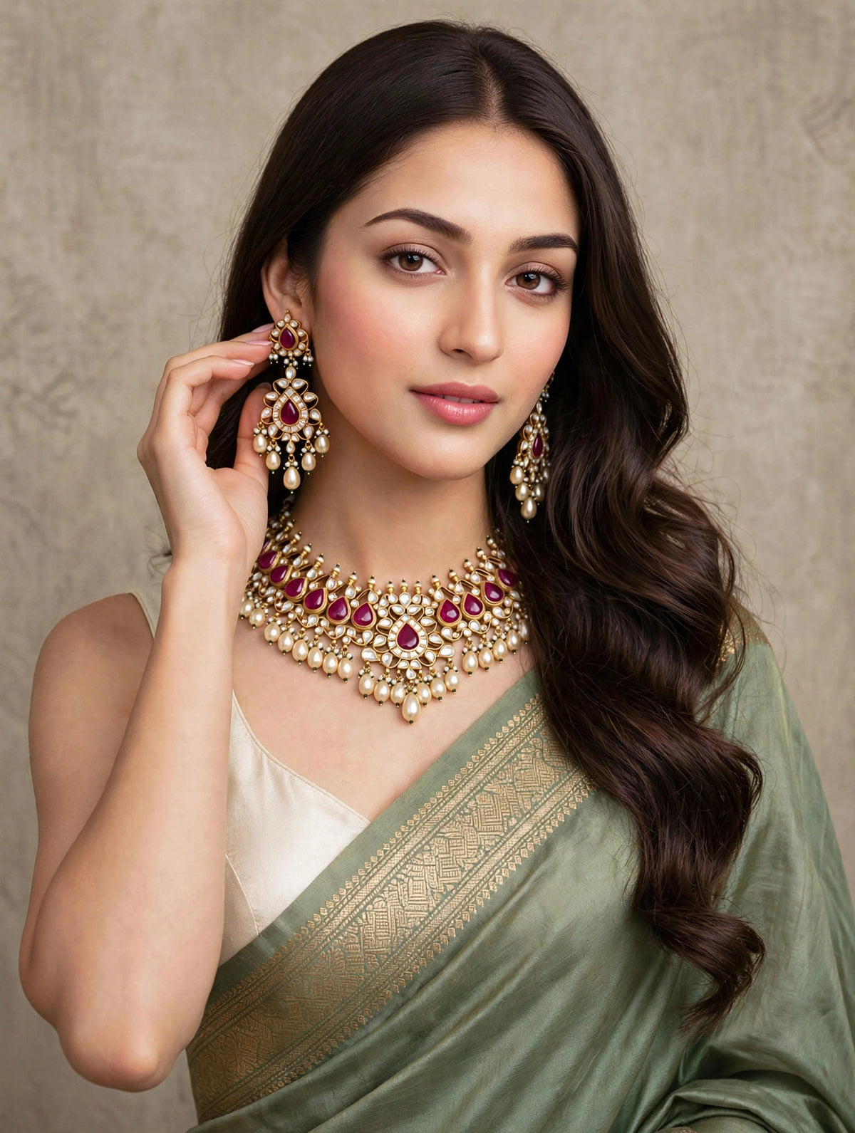 Handmade Kundan Choker Necklace Earrings Set, 22K Gold Plated Indian Bridal Jewelry
