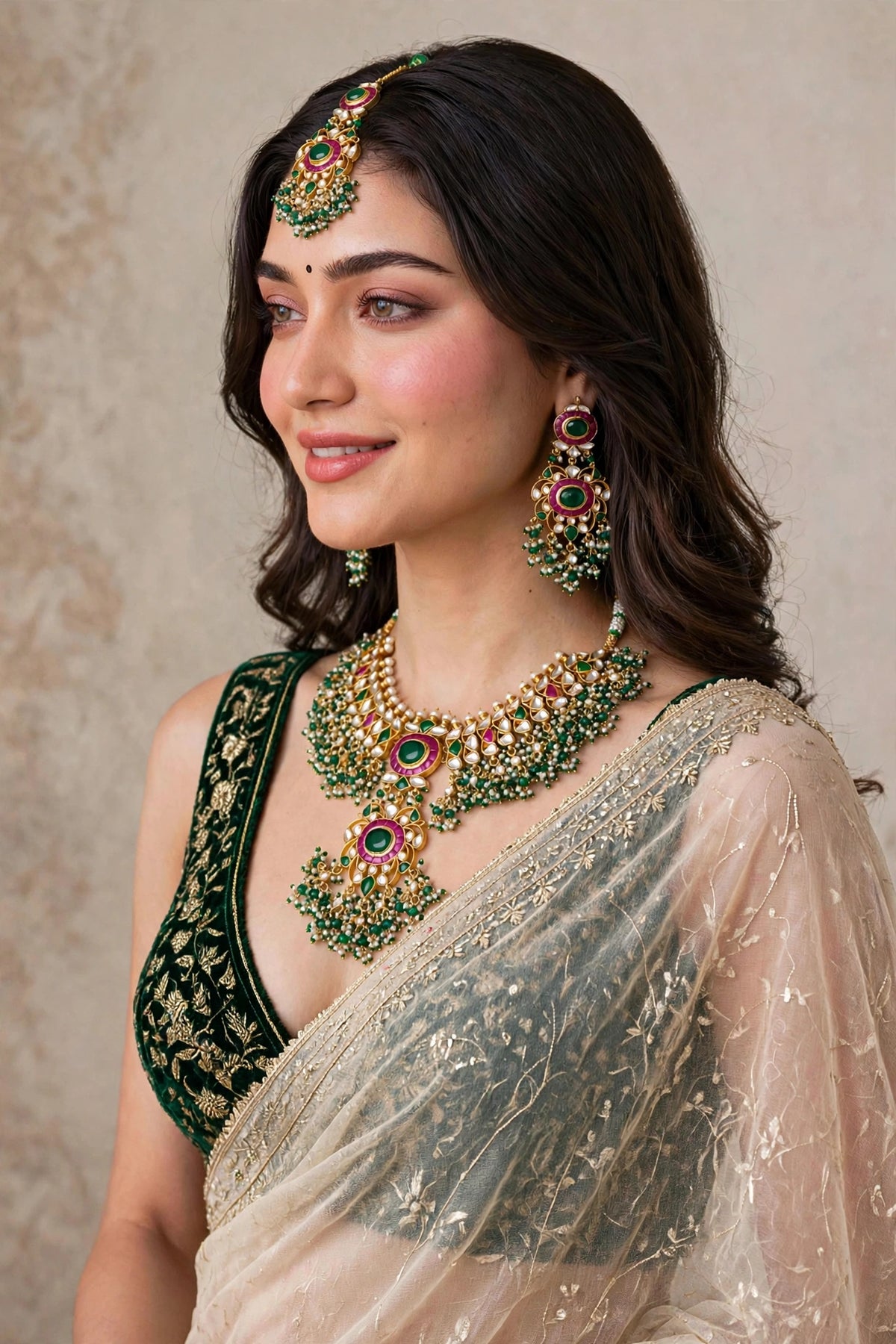 Kundan Choker Necklace Set with Earrings & Maang Tikka | Green Stone Indian Wedding Jewelry