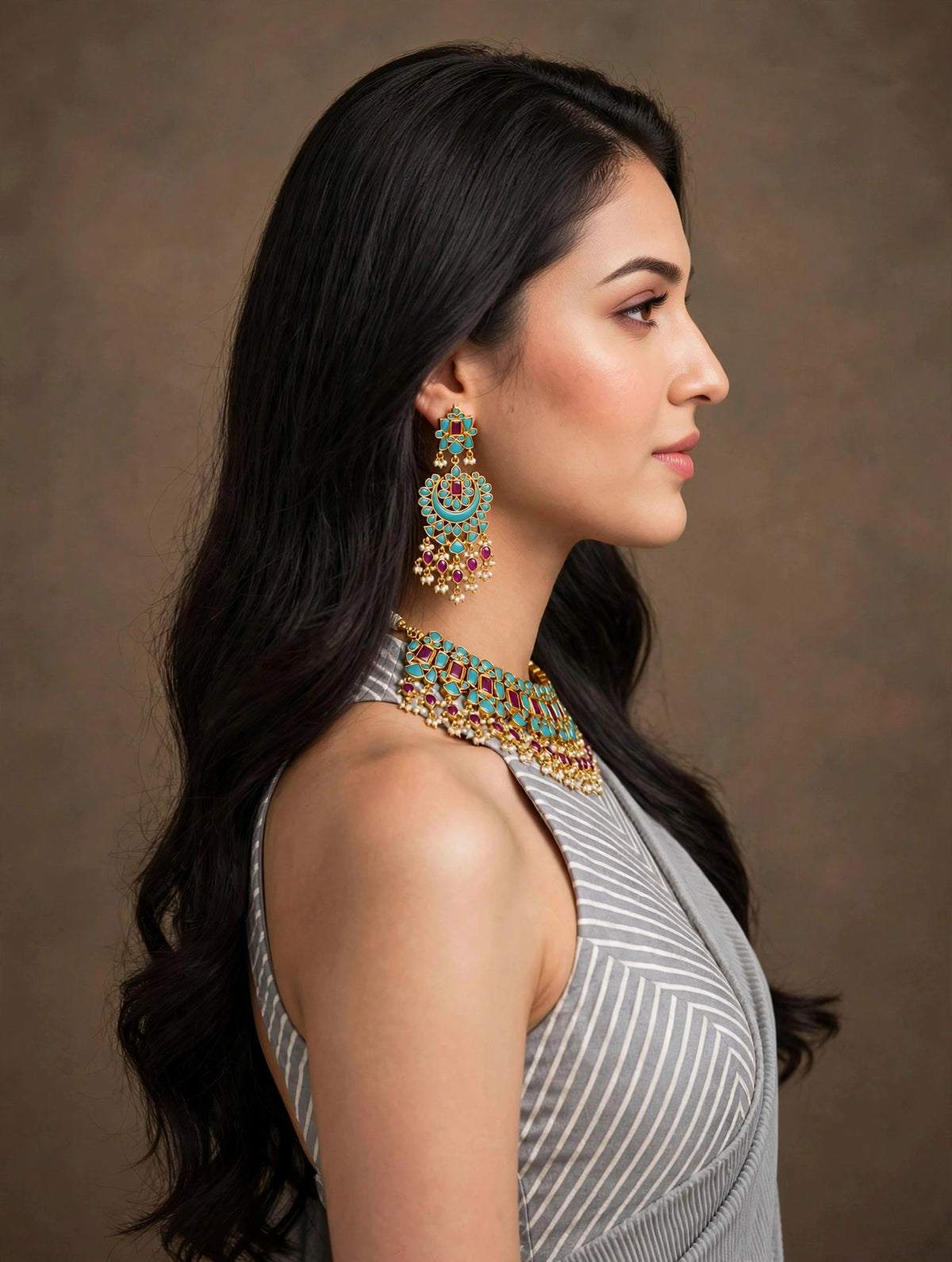 Kundan Choker Necklace & Chandbali Earrings | Gold Plated Indian Jewelry, Turquoise, Ruby Red