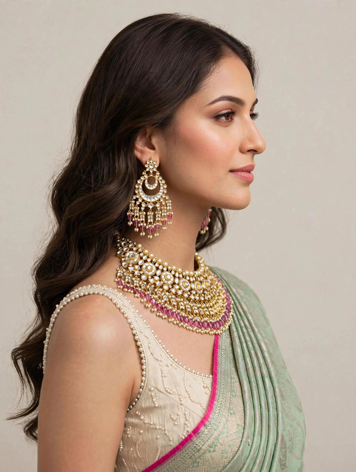 Handmade Kundan Choker Necklace and Earrings, Indian Bridal Jewelry Set