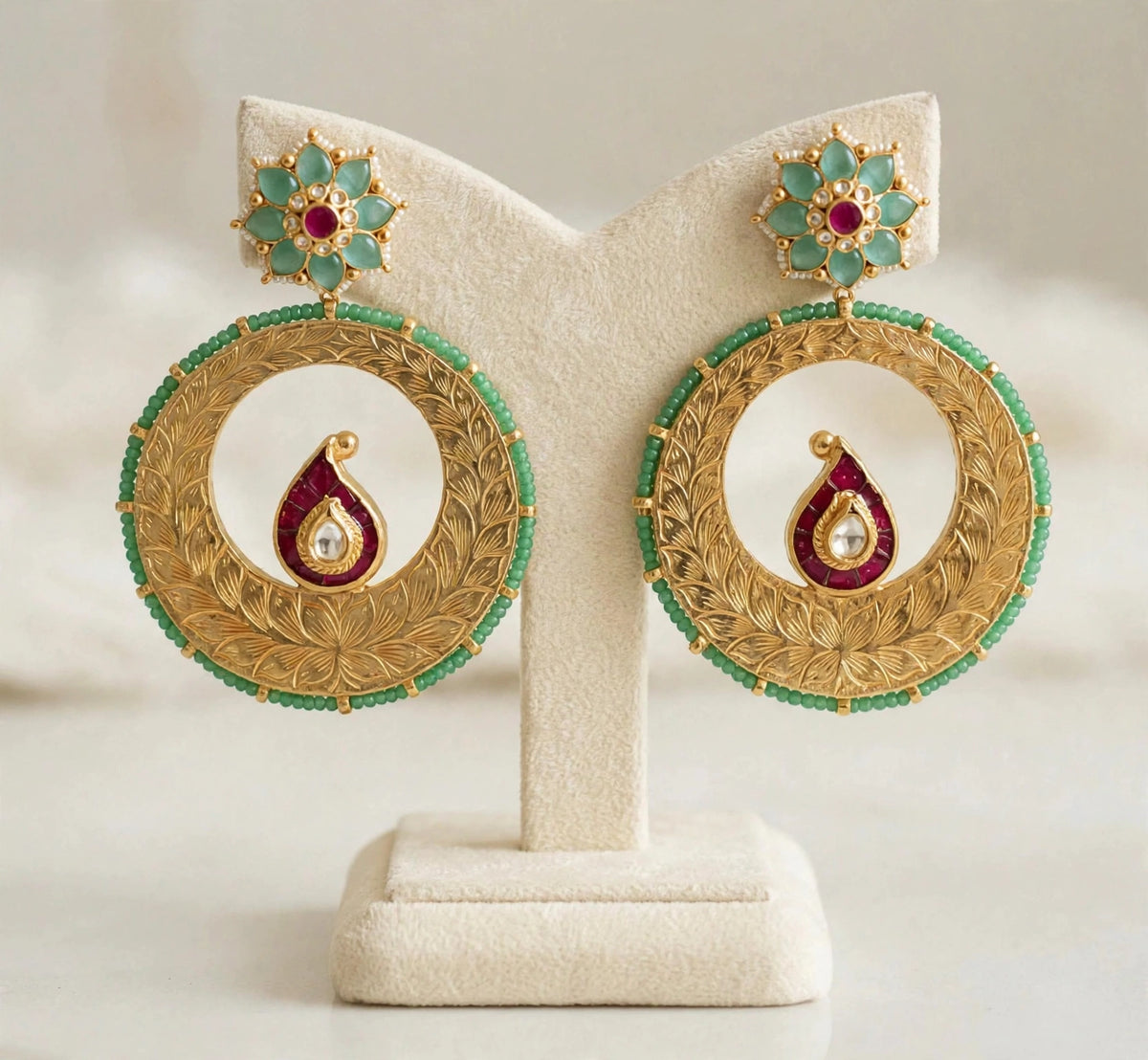 Handmade Kundan Chandbali Earrings, Gold Plated Statement Jewelry