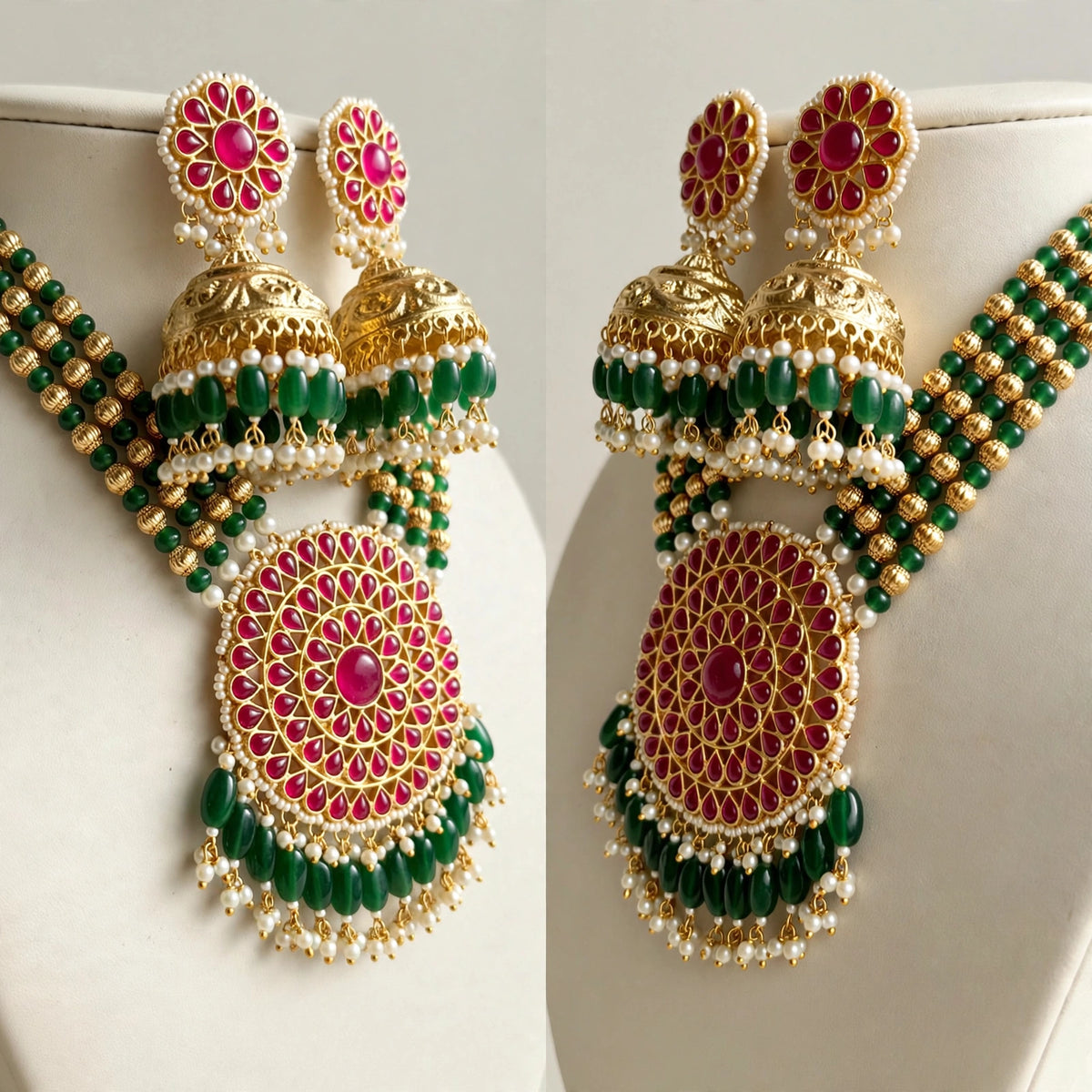 Kundan Necklace & Jhumka Earrings Set, 22K Gold Plated, South Indian Jewelry