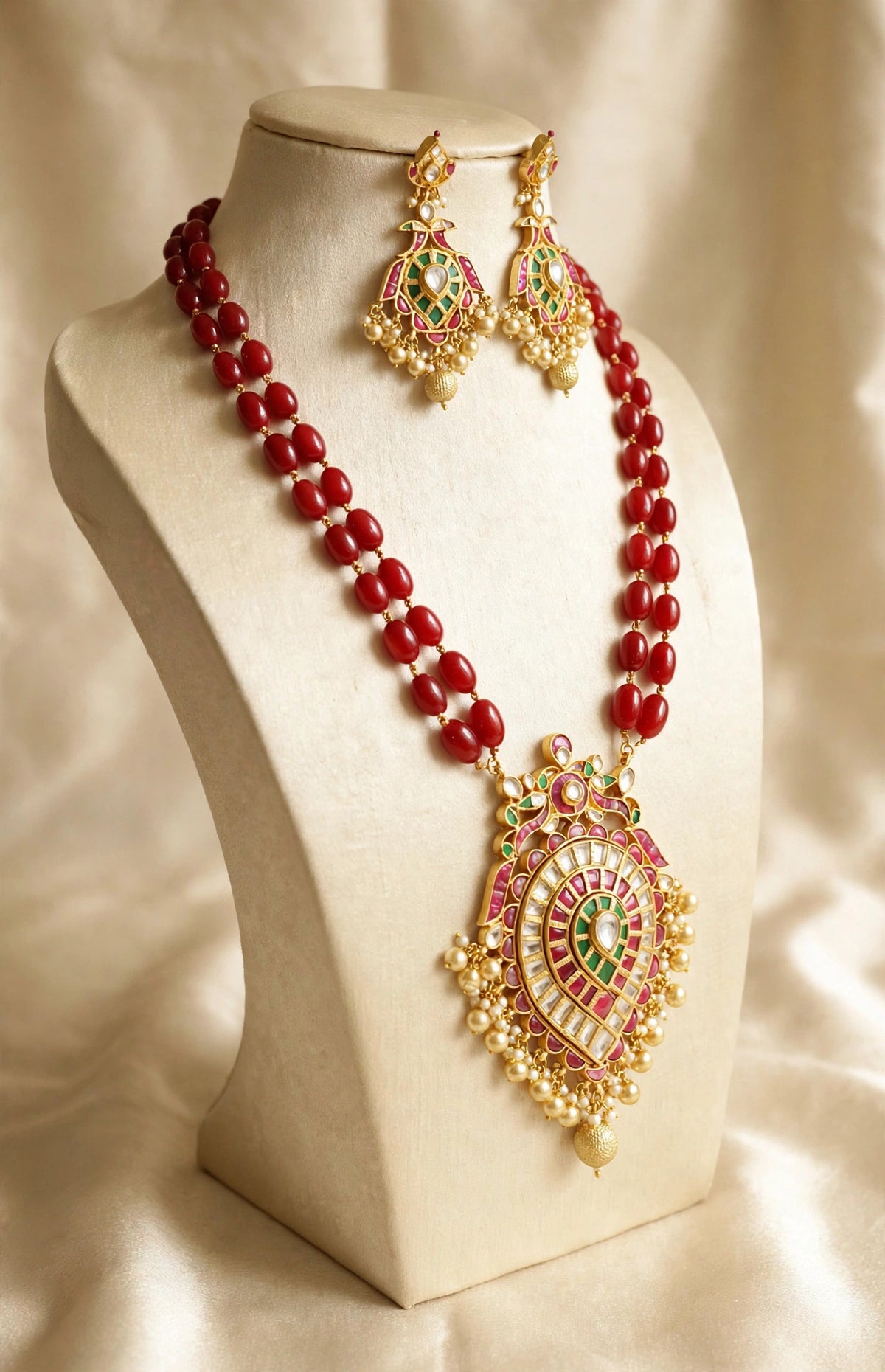 Handmade Kundan Jewelry Set, Gold Plated South Indian Necklace with peacock earrings