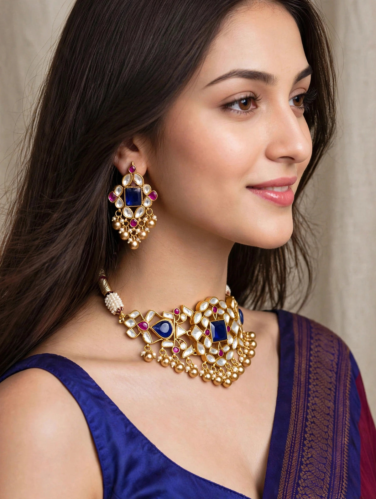 Gold Plated Kundan Choker Necklace with earrings , Indian Bridal Jewelry Set