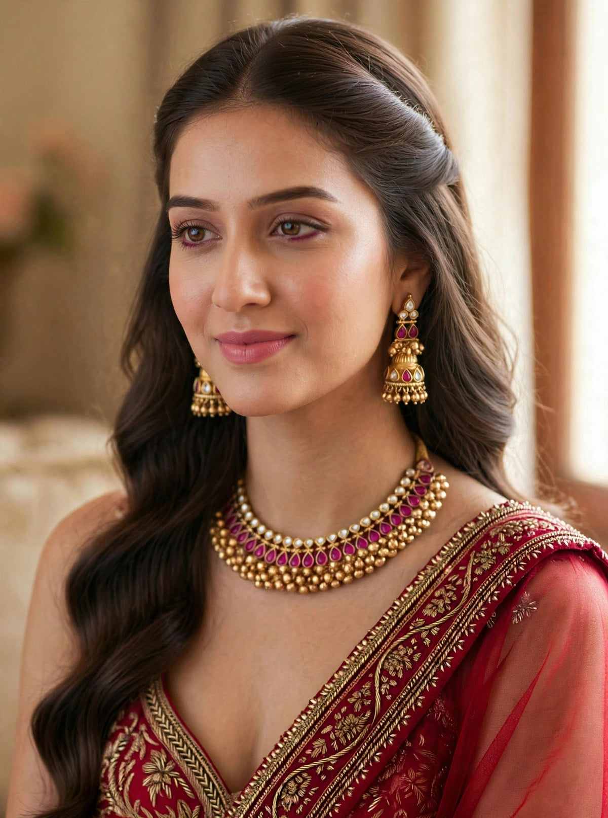 Kundan Choker Necklace with Jumkhi Earrings, Indian Bridal Jewelry, Tussi Necklace