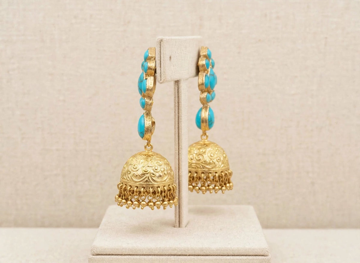 Handmade Turquoise Kundan Earrings Jhumkhi | Gold Plated Ethnic Jewelry