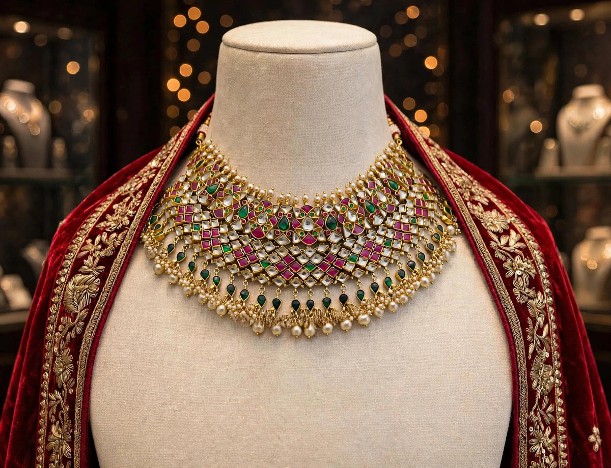 Handmade Kundan Choker Necklace, Indian Bridal Jewelry, Gold Plated Wedding Set