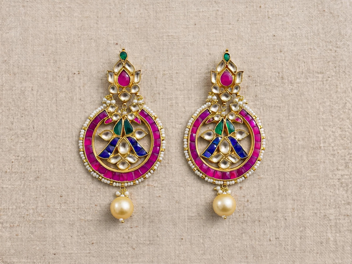 Handmade Kundan Chandbali Earrings, South Indian 22k Gold Plated Jewelry