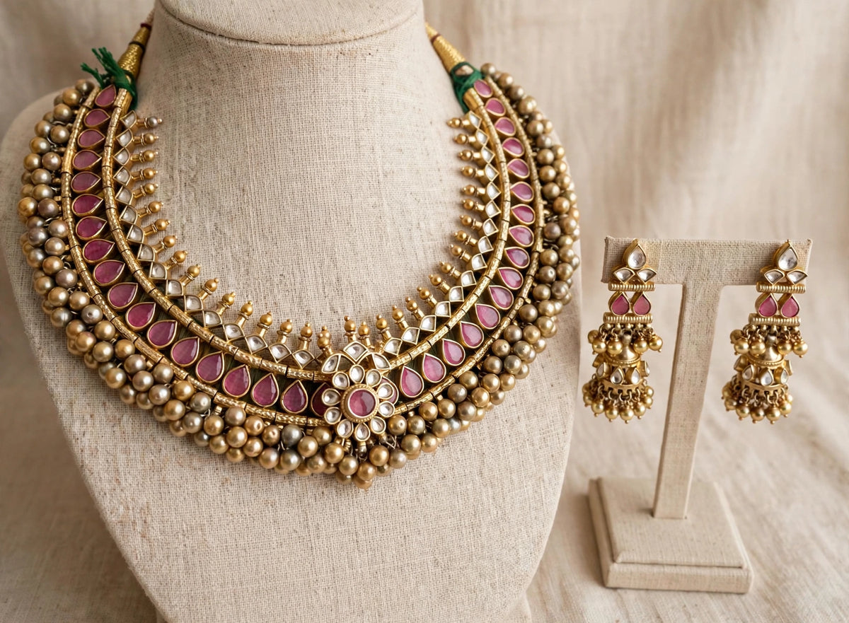 Kundan Choker Necklace Set, Ruby red Tussi Style, Indian Handmade Jewelry, Antique Gold Finish