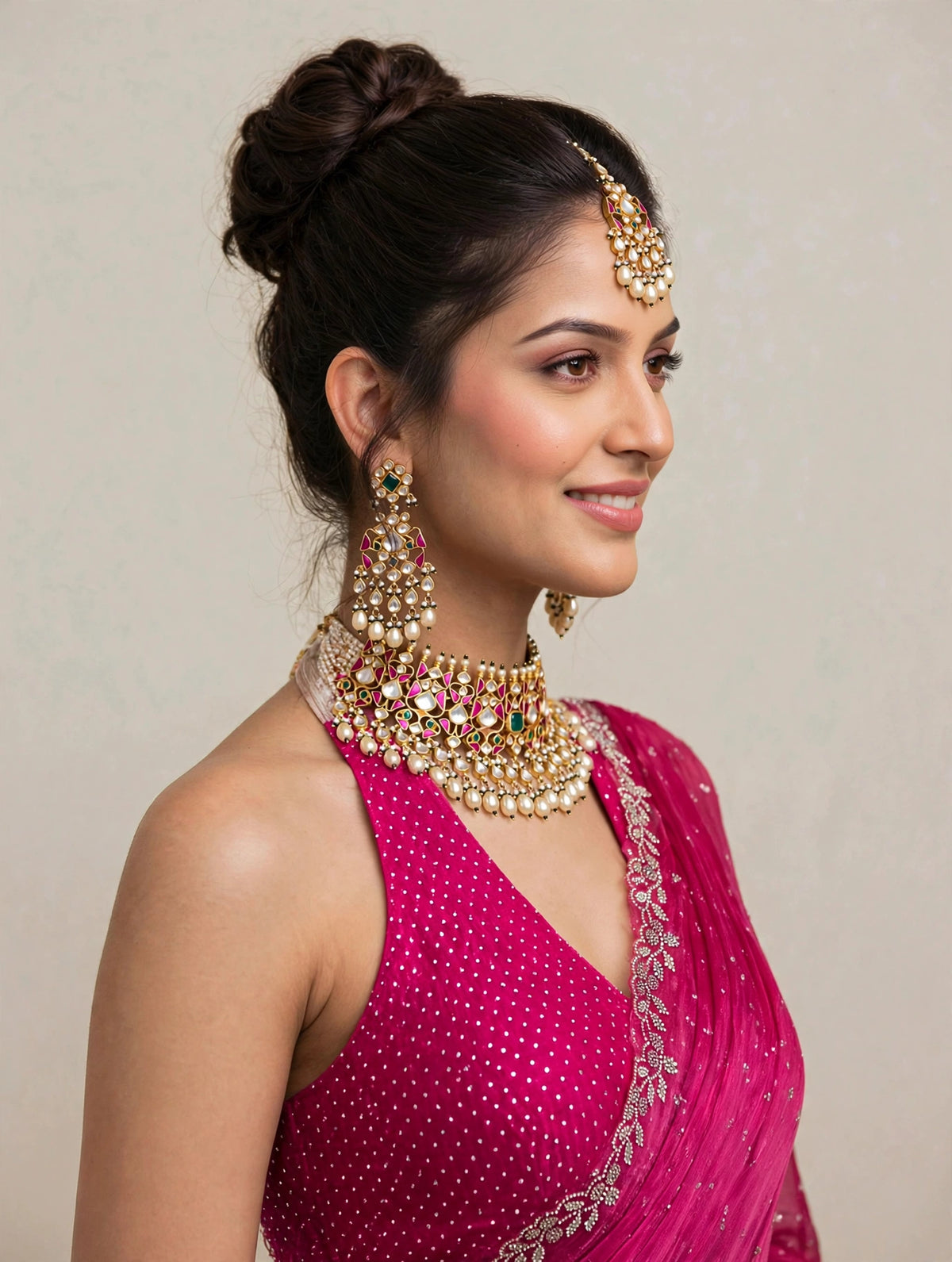 Handmade Kundan Wedding Choker with Earrings and Mangtika