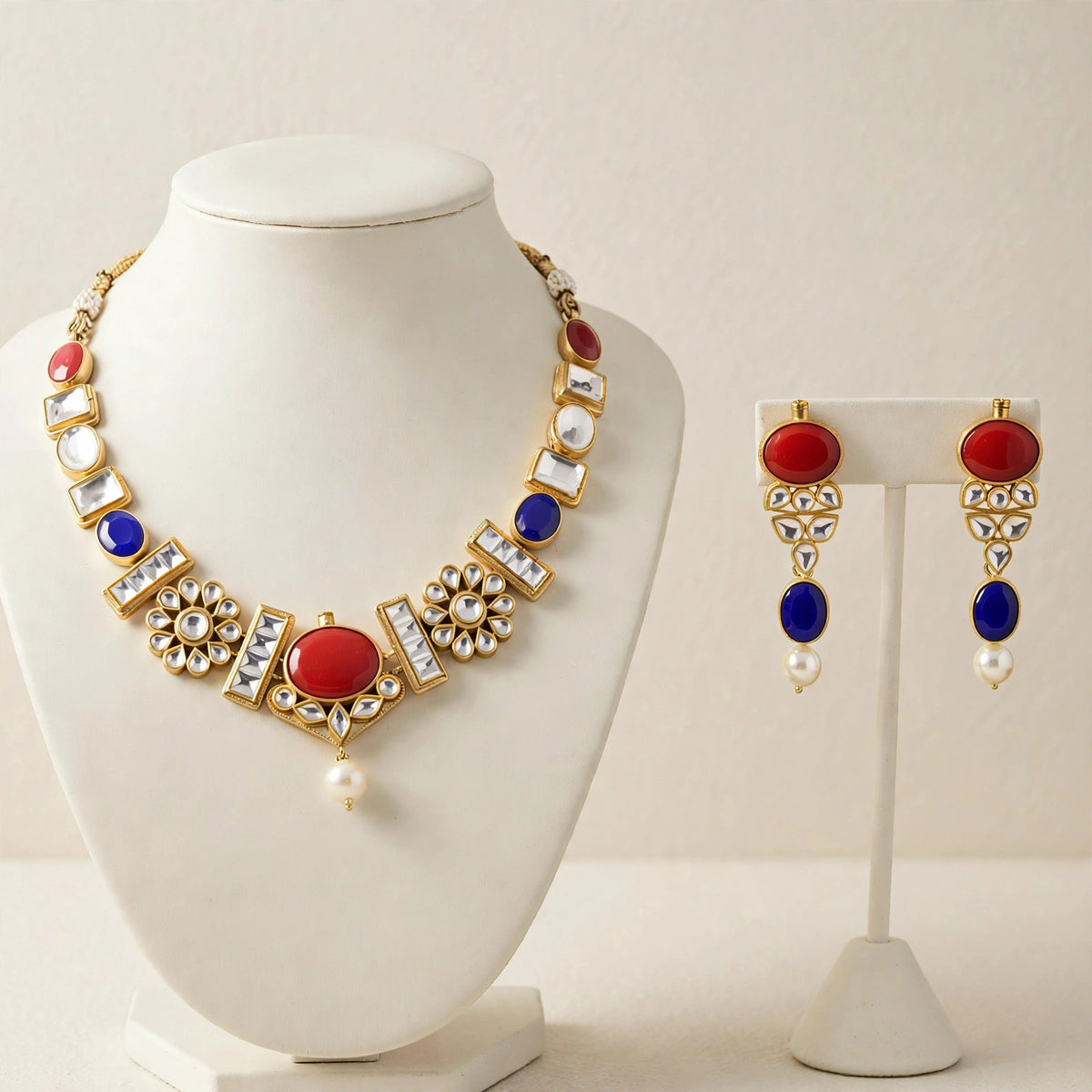 Handmade Kundan Jewelry Set | Coral, Pearl, & 22K Gold Plated