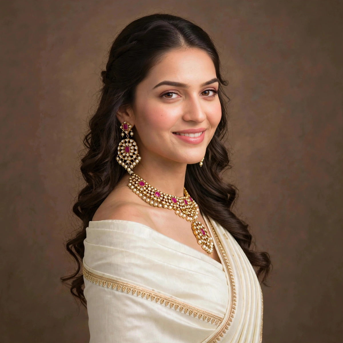 Handmade Kundan Choker Necklace with Earrings , 22k Gold Plated Indian Wedding Jewellery Sets