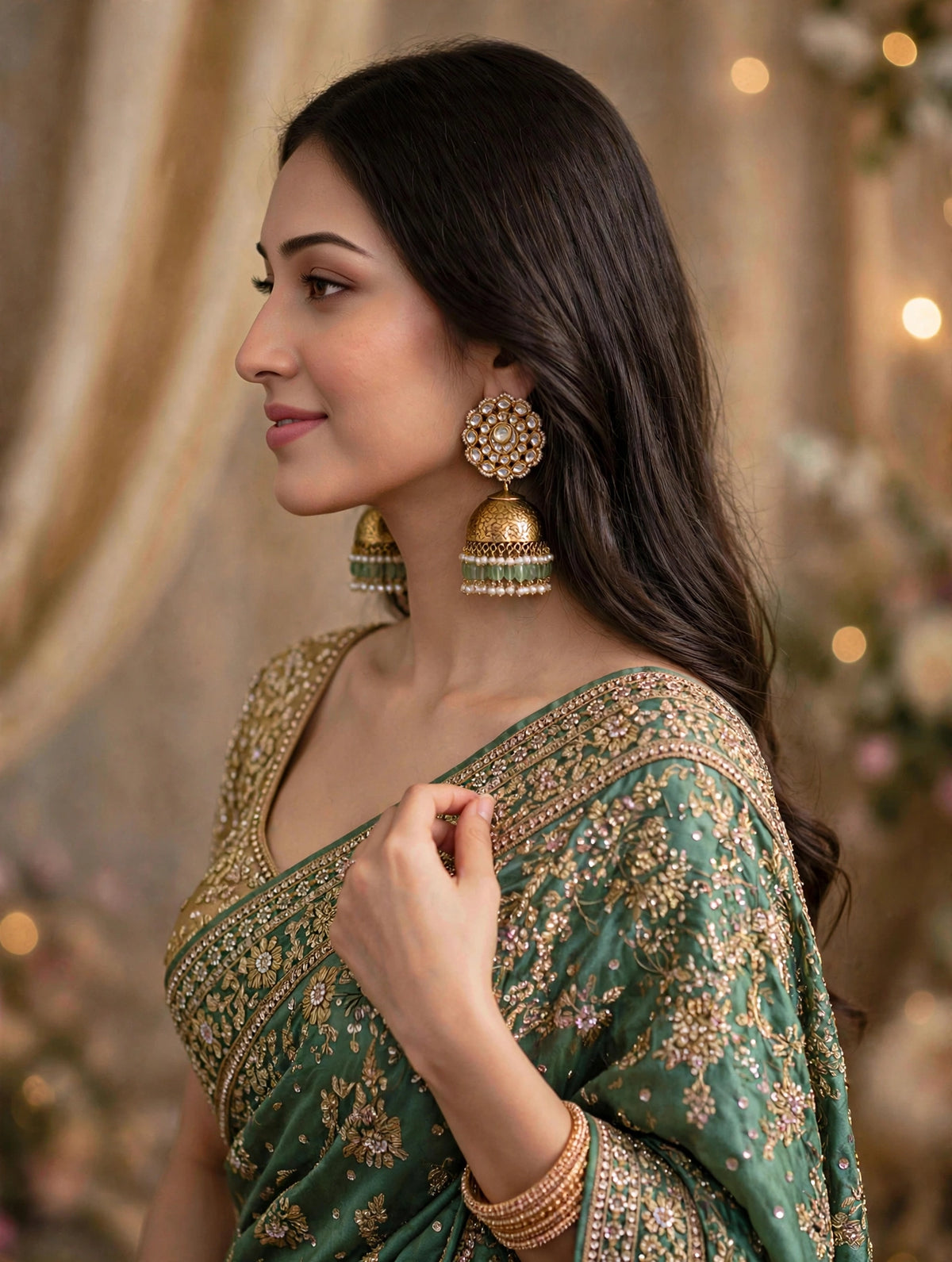 Kundan Jumkhi Earrings, Antique Gold, Indian Wedding Jewelry