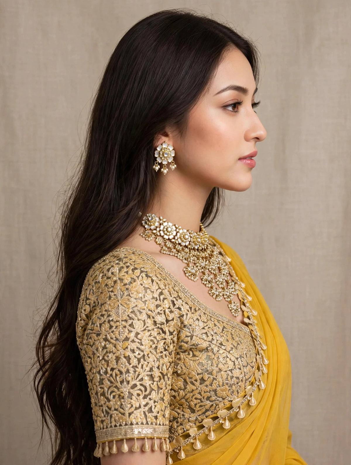 Handmade Kundan Choker Necklace Earrings Set, Gold Plated Mother of Pearl Indian Bridal Jewelry