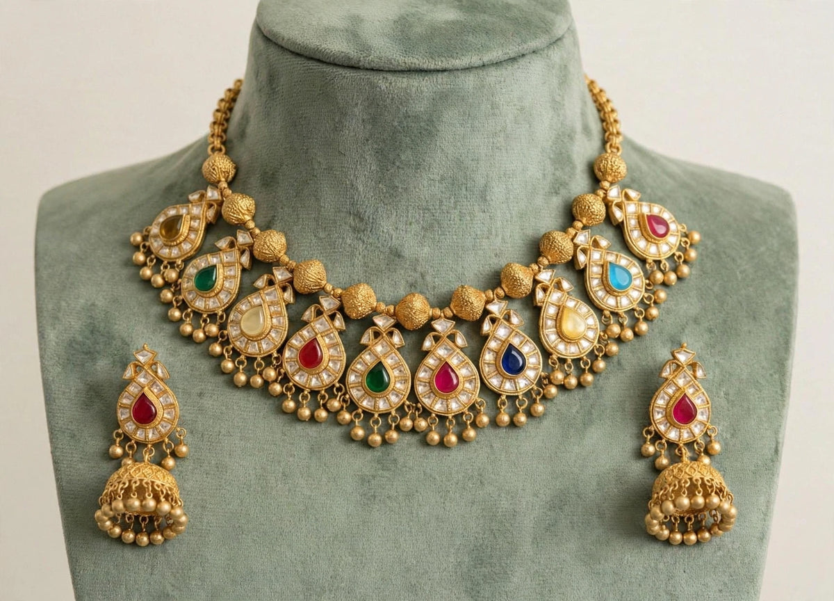 Kundan Choker Necklace, South Indian Jewelry, Handmade Earrings with Jhumki