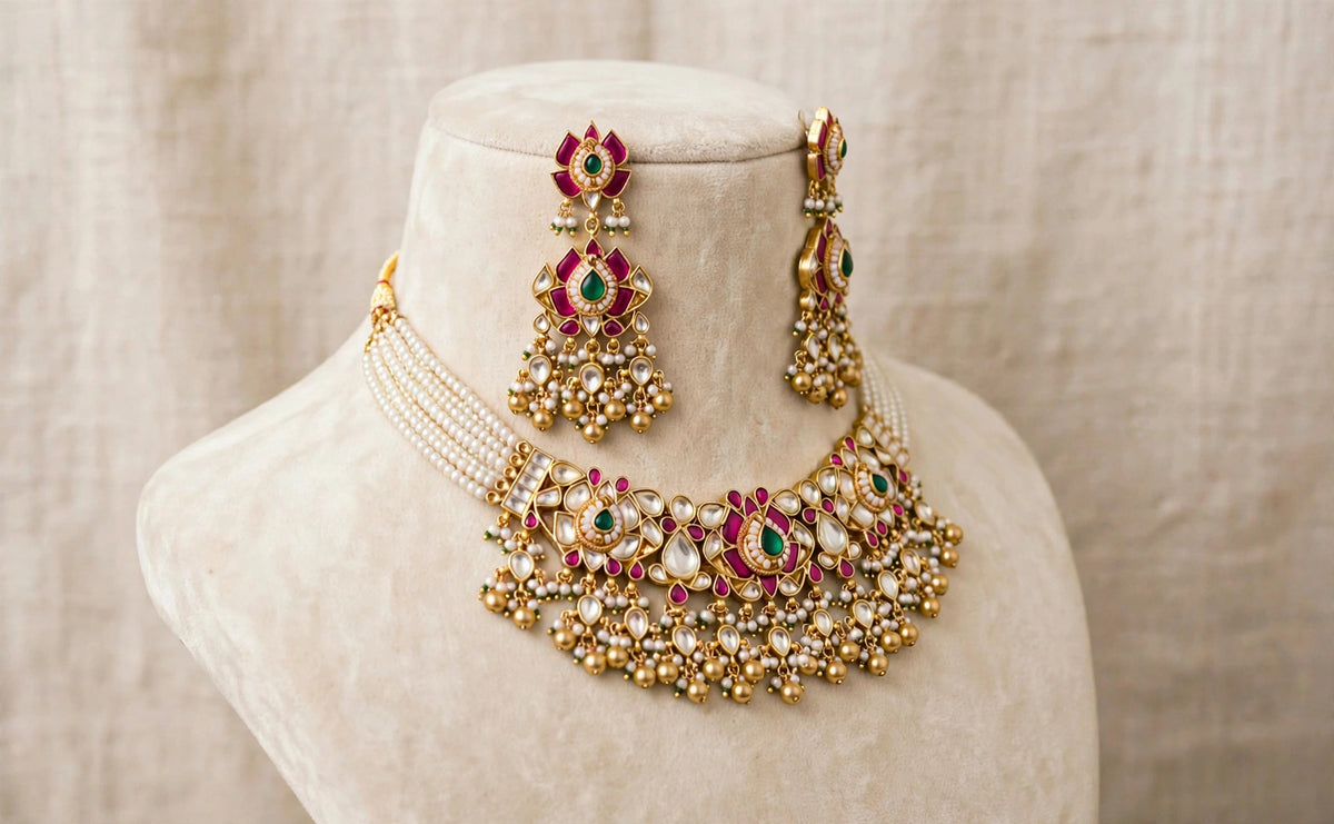 Kundan Choker Necklace Set, Gold Plated South Indian Jewelry