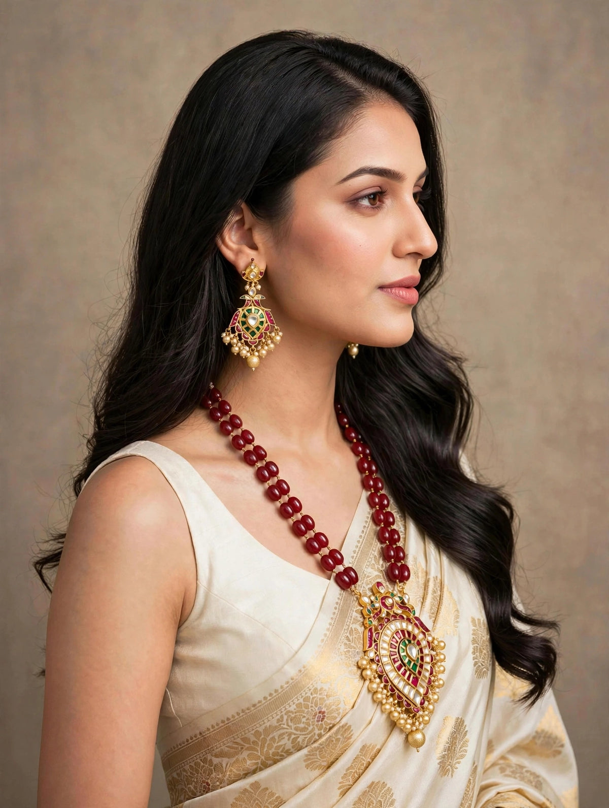 Handmade Kundan Jewelry Set, Gold Plated South Indian Necklace with peacock earrings