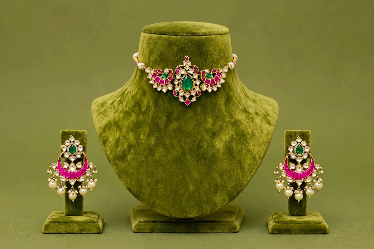 Gold Plated Luxury Bridal Necklace Set with Matching Choker & Earrings, Indian Wedding Jewellery, Statement Bridal Set