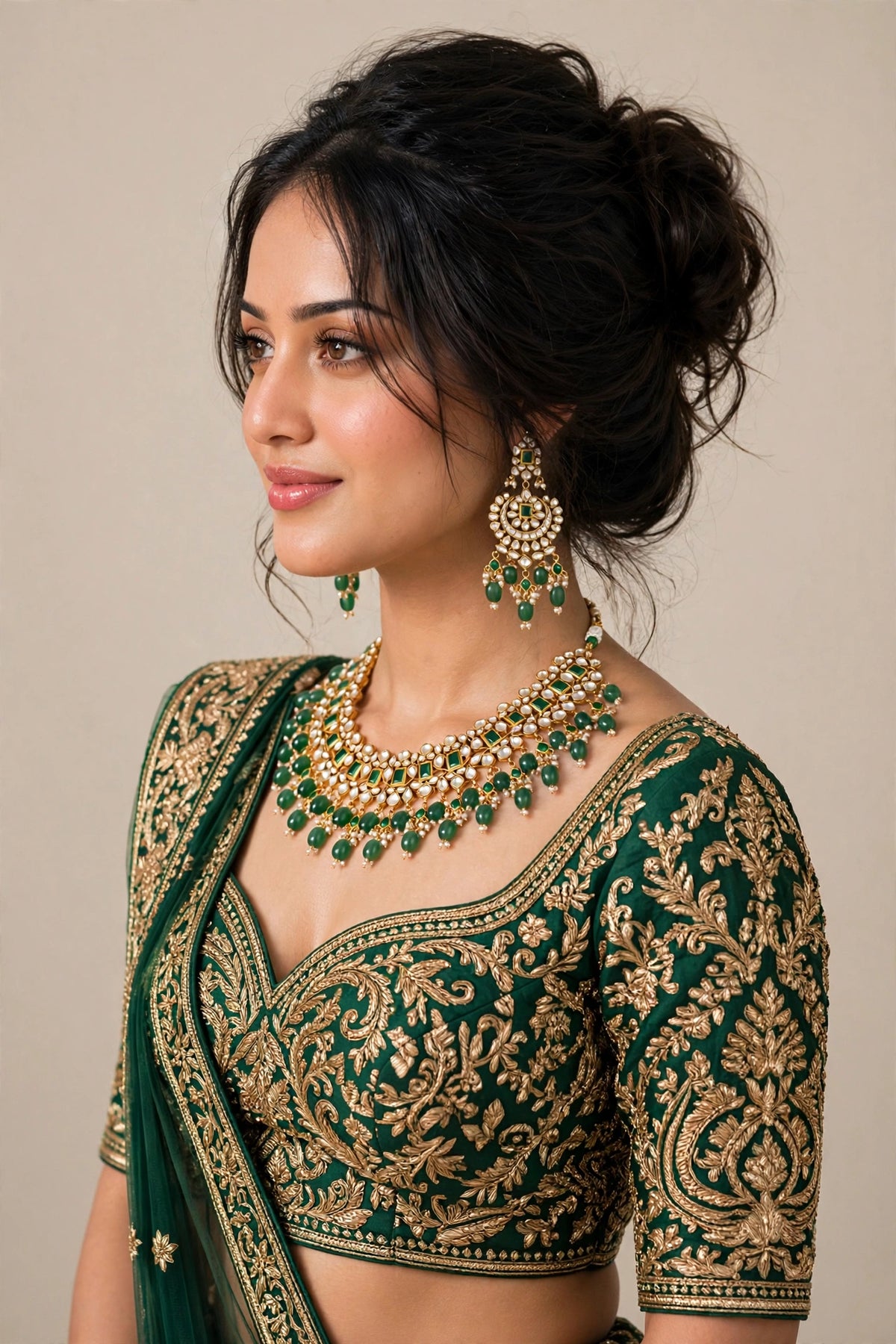 Kundan Jewelry set, Choker Necklace with Chandbali Earrings, Green Bridal Sets