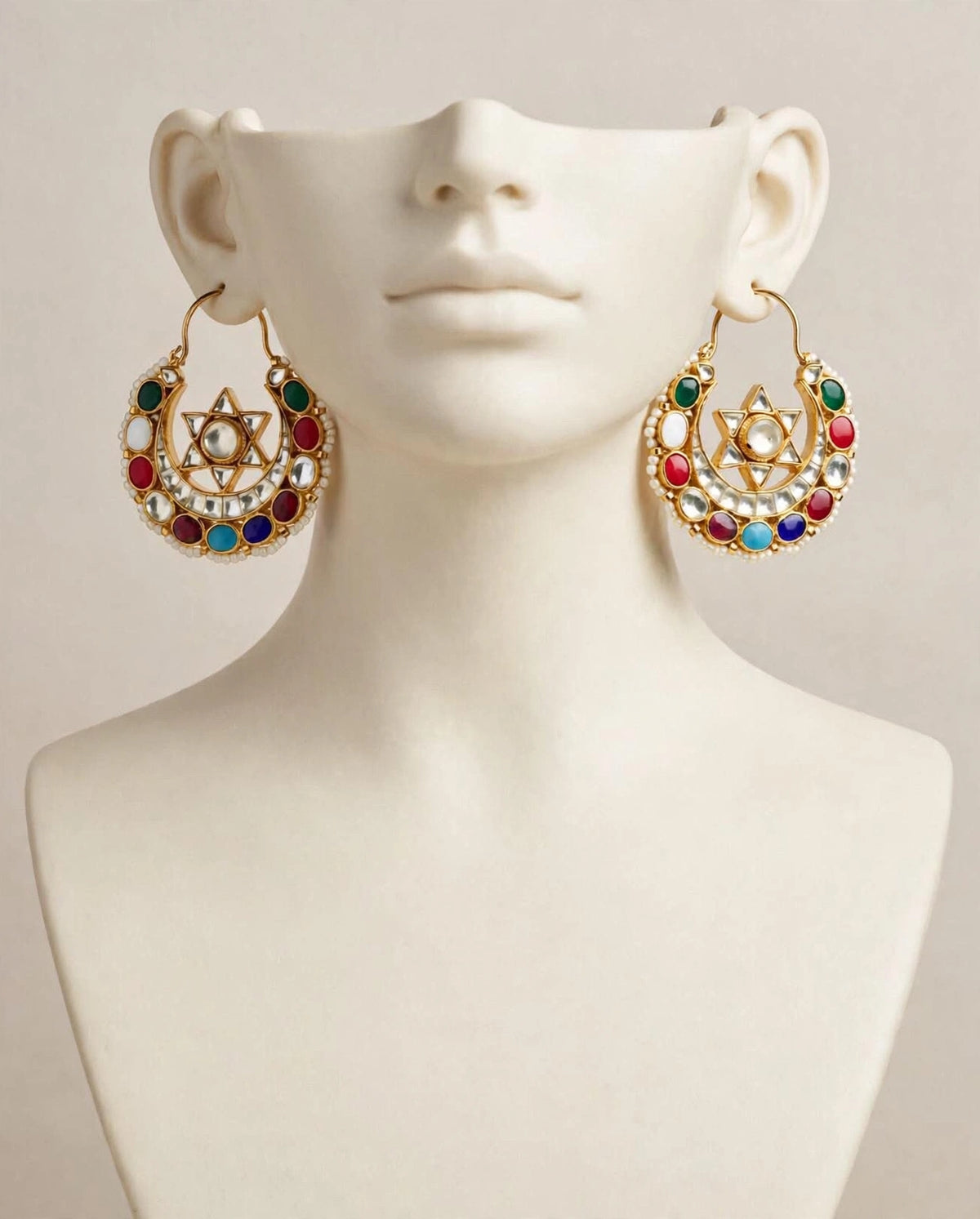 Handmade Kundan Chandbali Earrings, Navratna, 22k Gold Plated