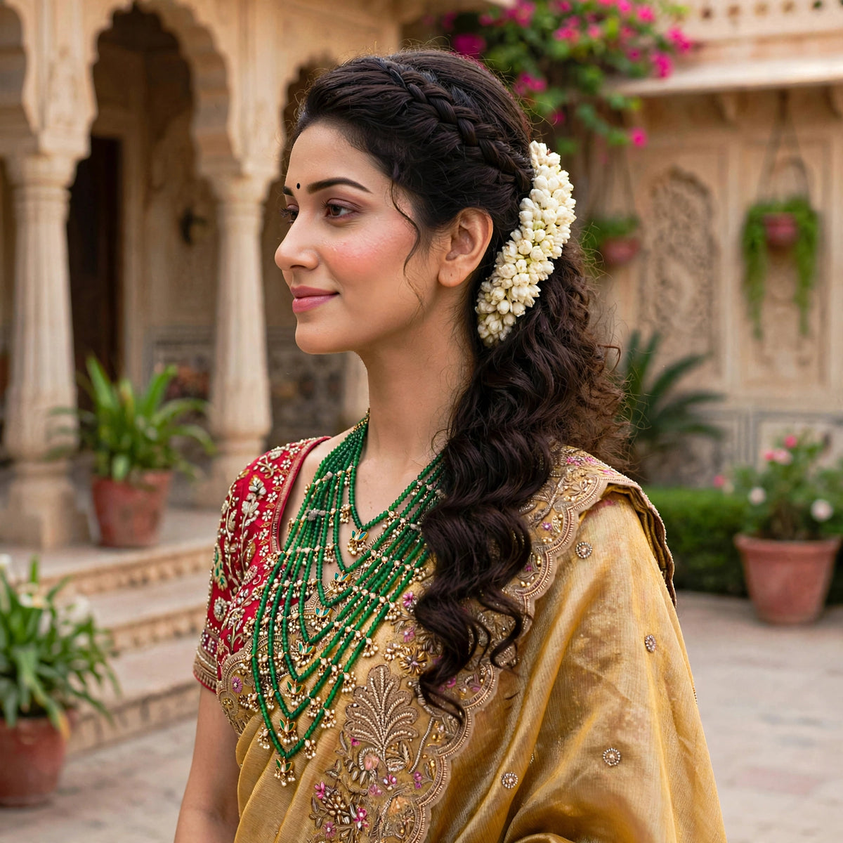 Multi-Layered Kundan Necklace | 22k Gold Plated Indian Bridal Jewelry | Green Satlada Set