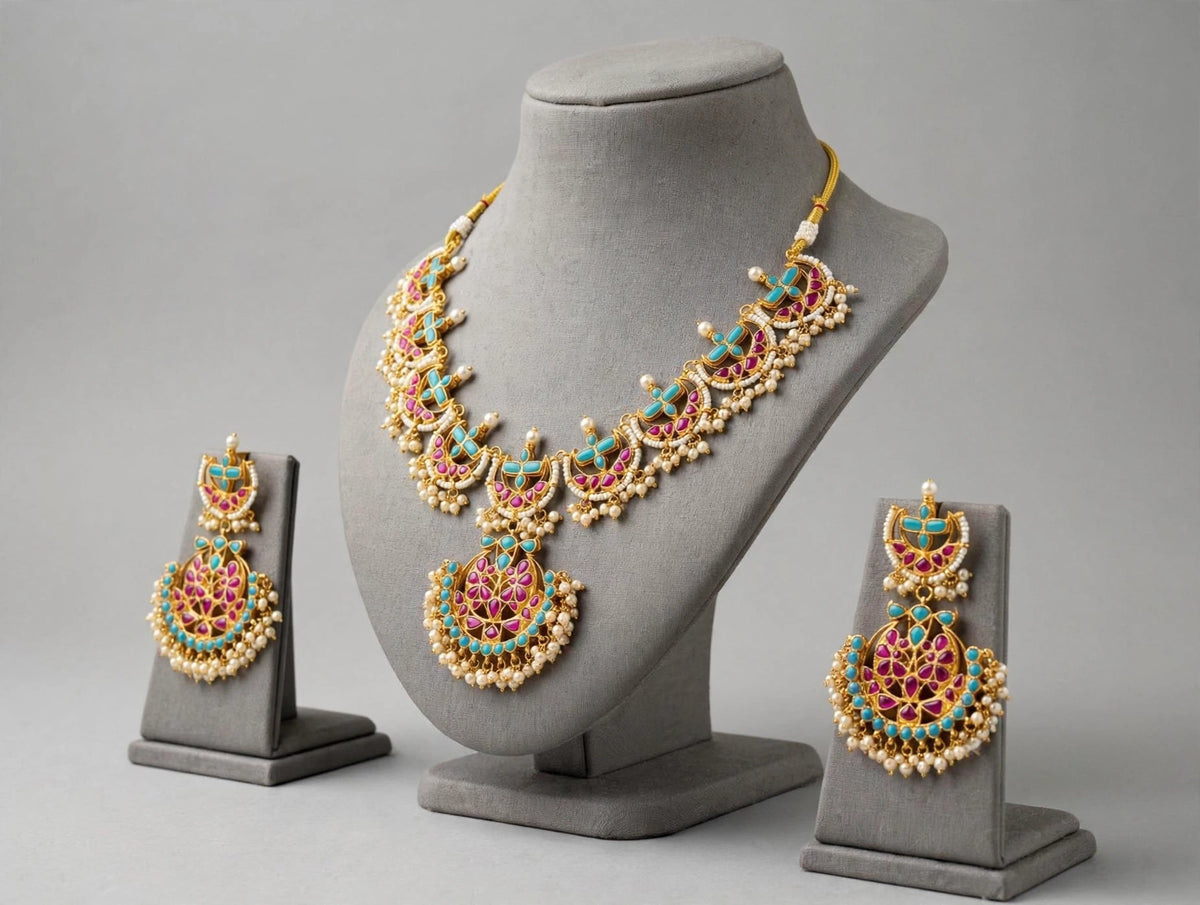 Kundan Jewelry Set | Indian Turquoise Necklace | Handmade Chandbali Earrings