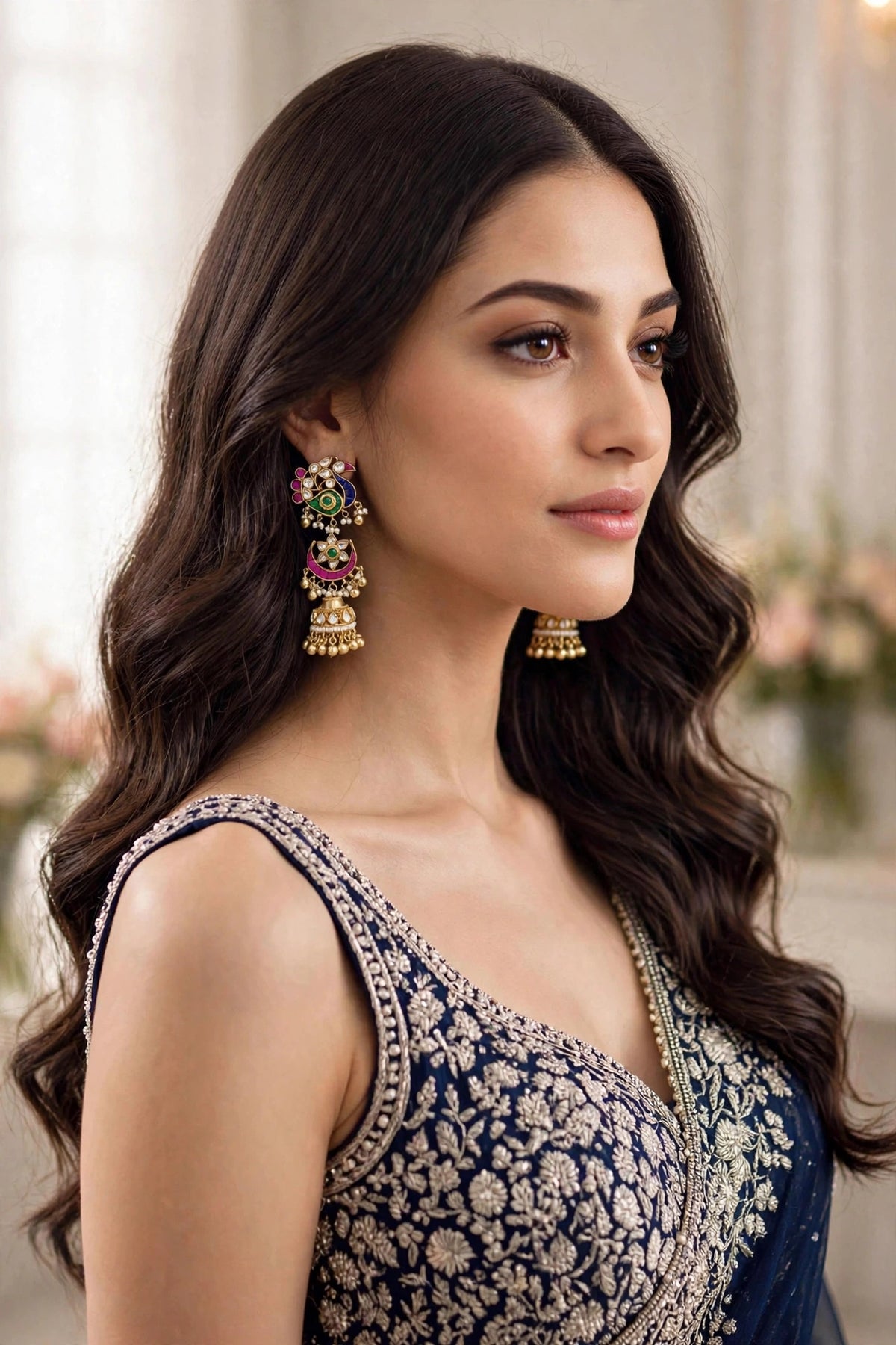 Kundan Earrings, Antique Gold Finish Jhumki, Indian Bridal Jewelry