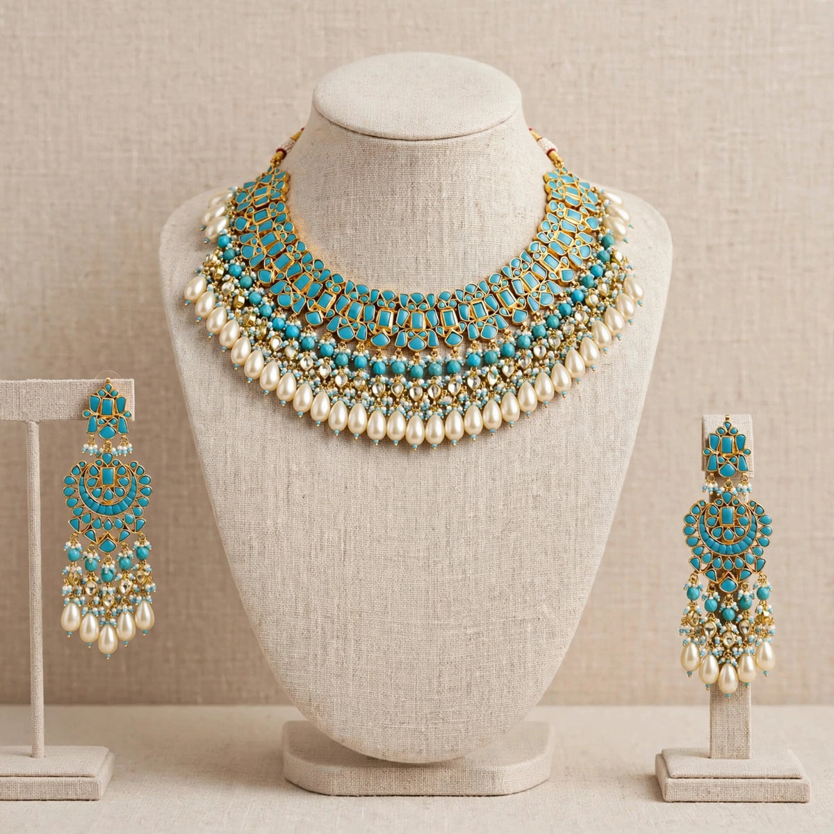 Handmade Kundan Turquoise Bridal Jewelry Set, Gold Plated Chandbali Earrings