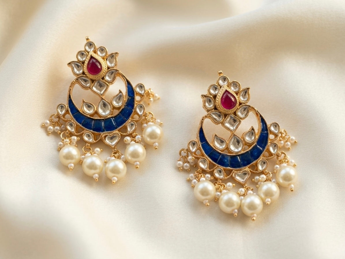 Handcrafted Kundan Chandbali Earrings, South Indian Style, Pearl Hangings