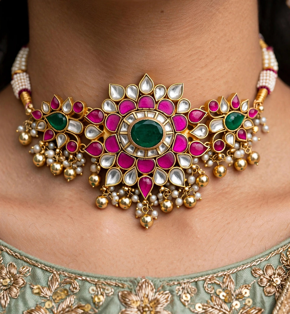 Handmade Kundan Choker Necklace Set, 22K Gold Plated, Bollywood Bridal Jewelry