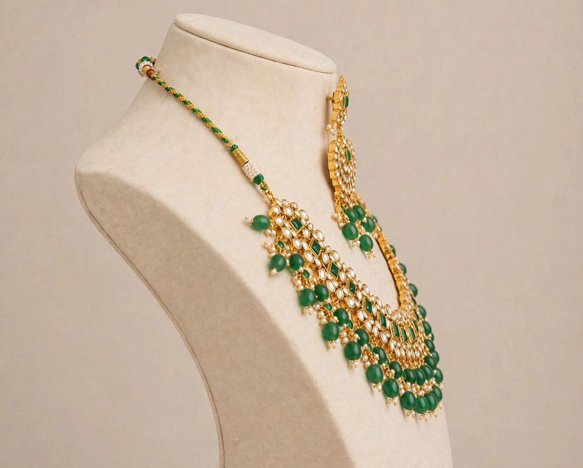 Kundan Jewelry set, Choker Necklace with Chandbali Earrings, Green Bridal Sets