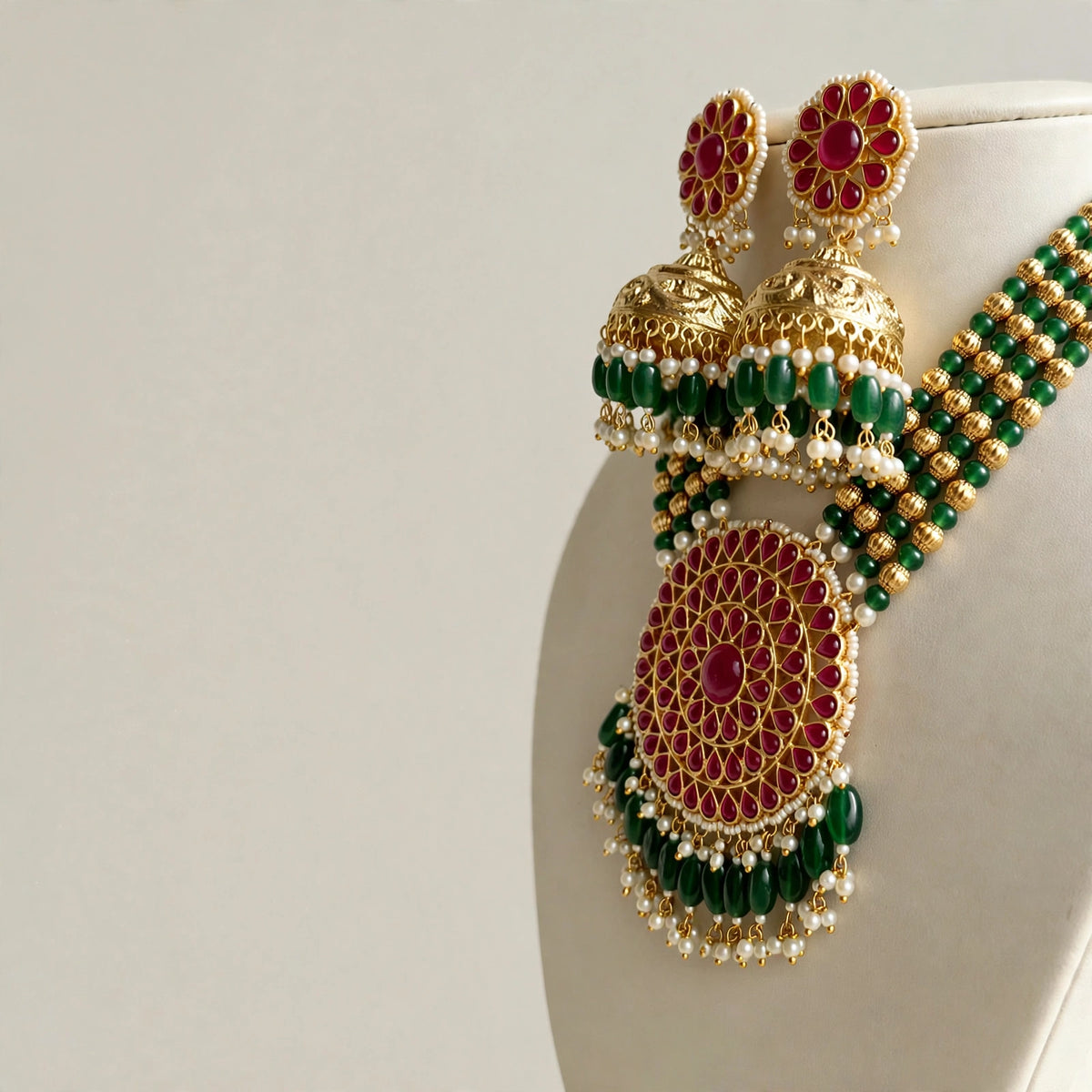 Kundan Necklace & Jhumka Earrings Set, 22K Gold Plated, South Indian Jewelry