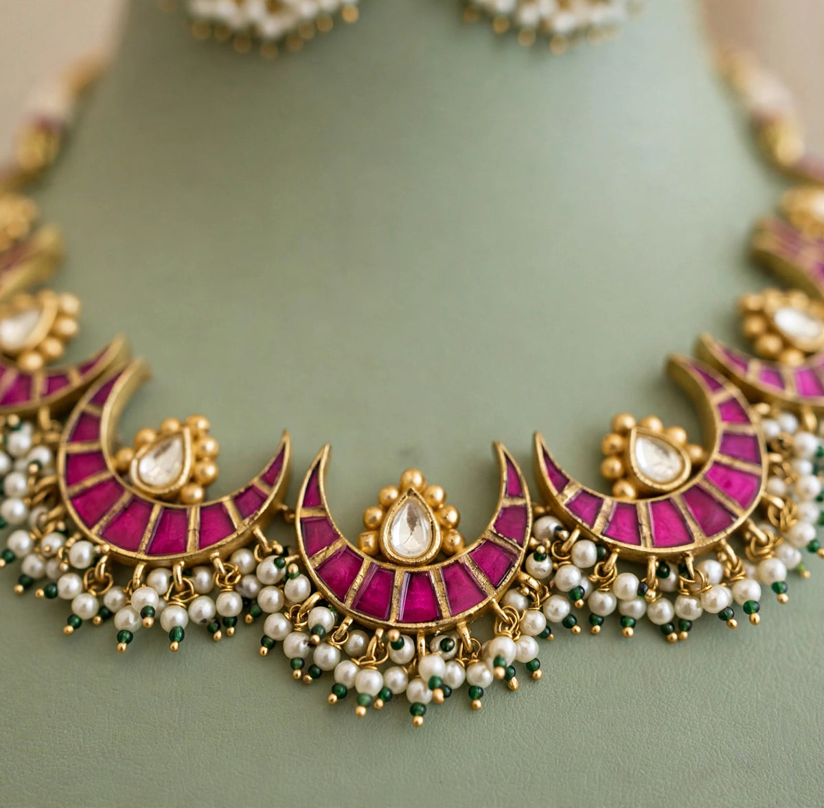 Gold Plated Kundan Choker Necklace Set, Indian Bridal Jewelry, Handmade Earrings