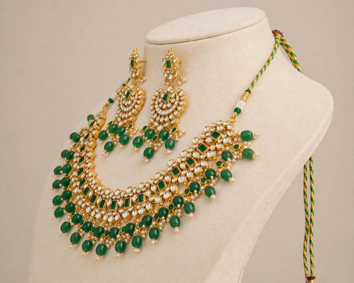 Kundan Jewelry set, Choker Necklace with Chandbali Earrings, Green Bridal Sets