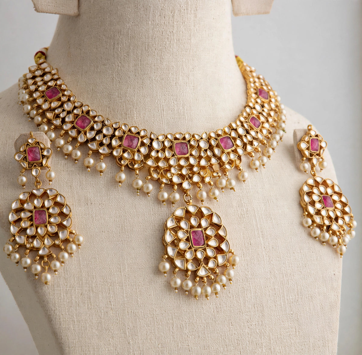 Handmade Kundan Choker Necklace with Earrings , 22k Gold Plated Indian Wedding Jewellery Sets