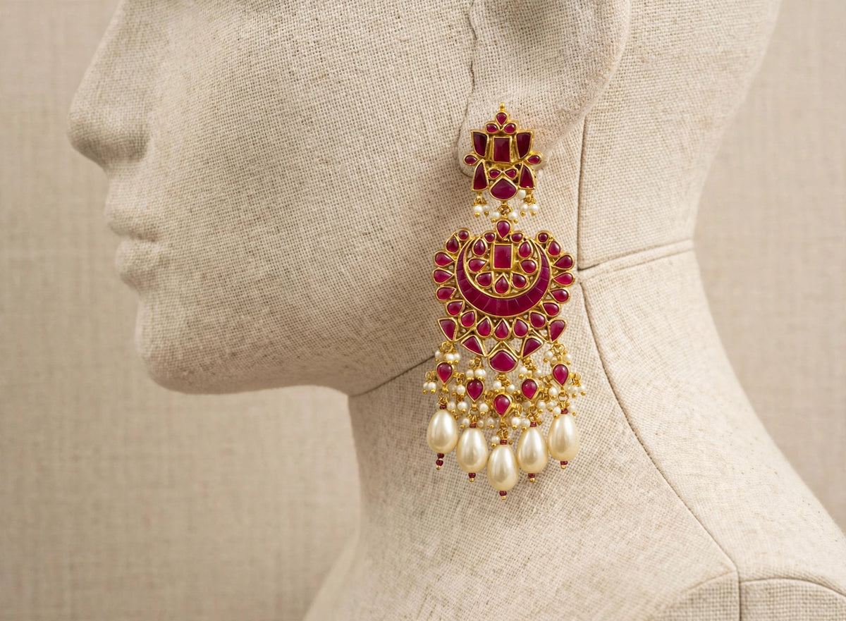 Kundan Jewelry, South Indian Bridal Choker Necklace with Chandbali Earrings